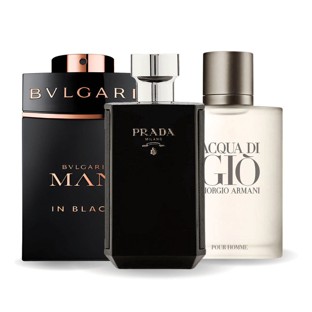 Промоционално комбо от 3 парфюма: Bvlgari In Black, Giorgio Armani Acqua Di Gio и L'Homme Prada Intense, по 100 мл всеки.