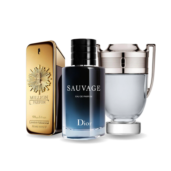 Промоционално комбо от 3 парфюма: Paco Rabanne ONE MILLION, Dior SAUVAGE и Paco Rabanne INVICTUS, по 100 мл всеки.